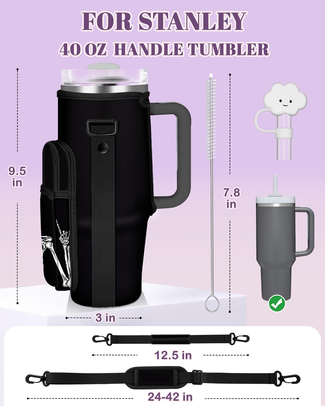 Toykee Water Bottle Holder Carrier Bag for Stanley 40 OZ Tumbler with Strap Phone Pocket, Black Wrap Around Drink Cup Purse Pouch with Straw Cover Cleaner Brush Accessories Skeleton Print