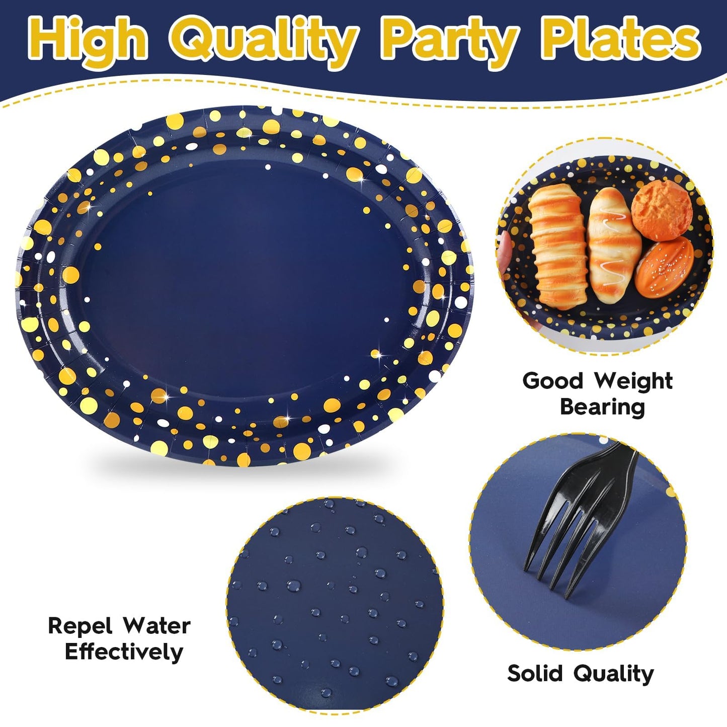50Pcs Blue and Gold Party Supplies Large Gold Dot on Blue Paper Plates Oval Dinner Plates Disposable Party Tableware for Birthday Decorations Graduation Baby Showers Wedding Holiday Retirement
