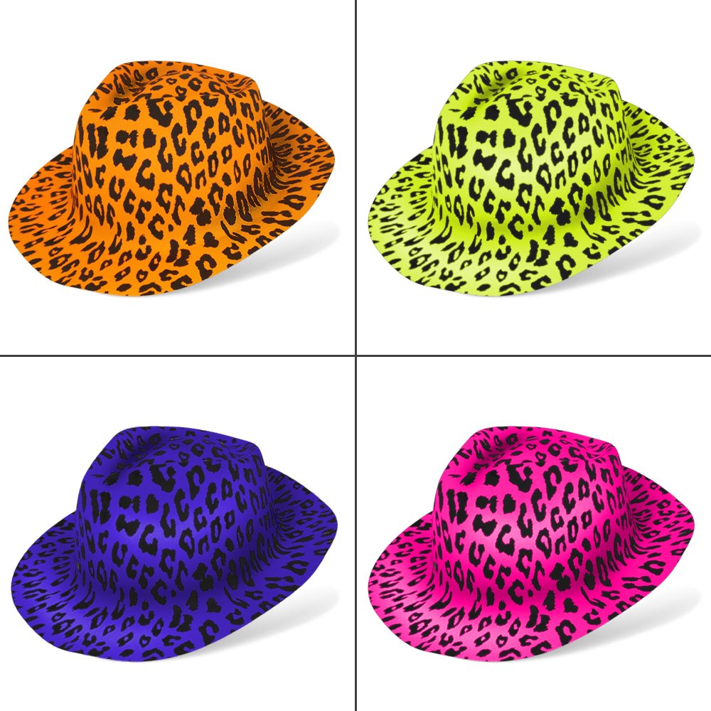 Novelty Place Neon Animal Print Plastic Party Hats, Fedora with Gangster Mafia Style, UV Blacklight Glow Party Stars Rave Hats for Kids and Teens in Birthday, Concerts, Music Party(Pack of 24)