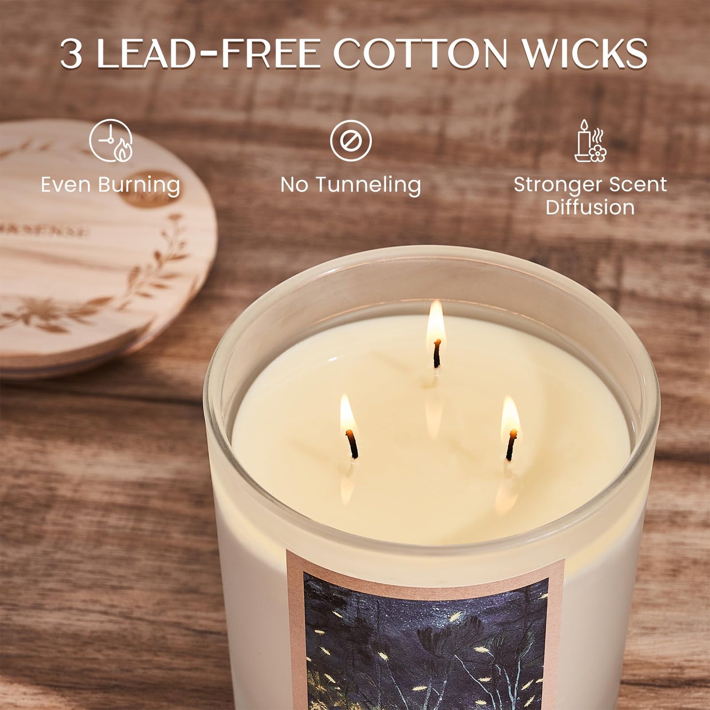 M&SENSE Large-Sized 3 Wick Summer's Night Calming Scented Candle, 24.7oz Soy Wax with Wooden Lid | 120 Hours Long Lasting Burn, Natural Jar Candle Gift for Stress Relief, Meditation, Relaxing SPA