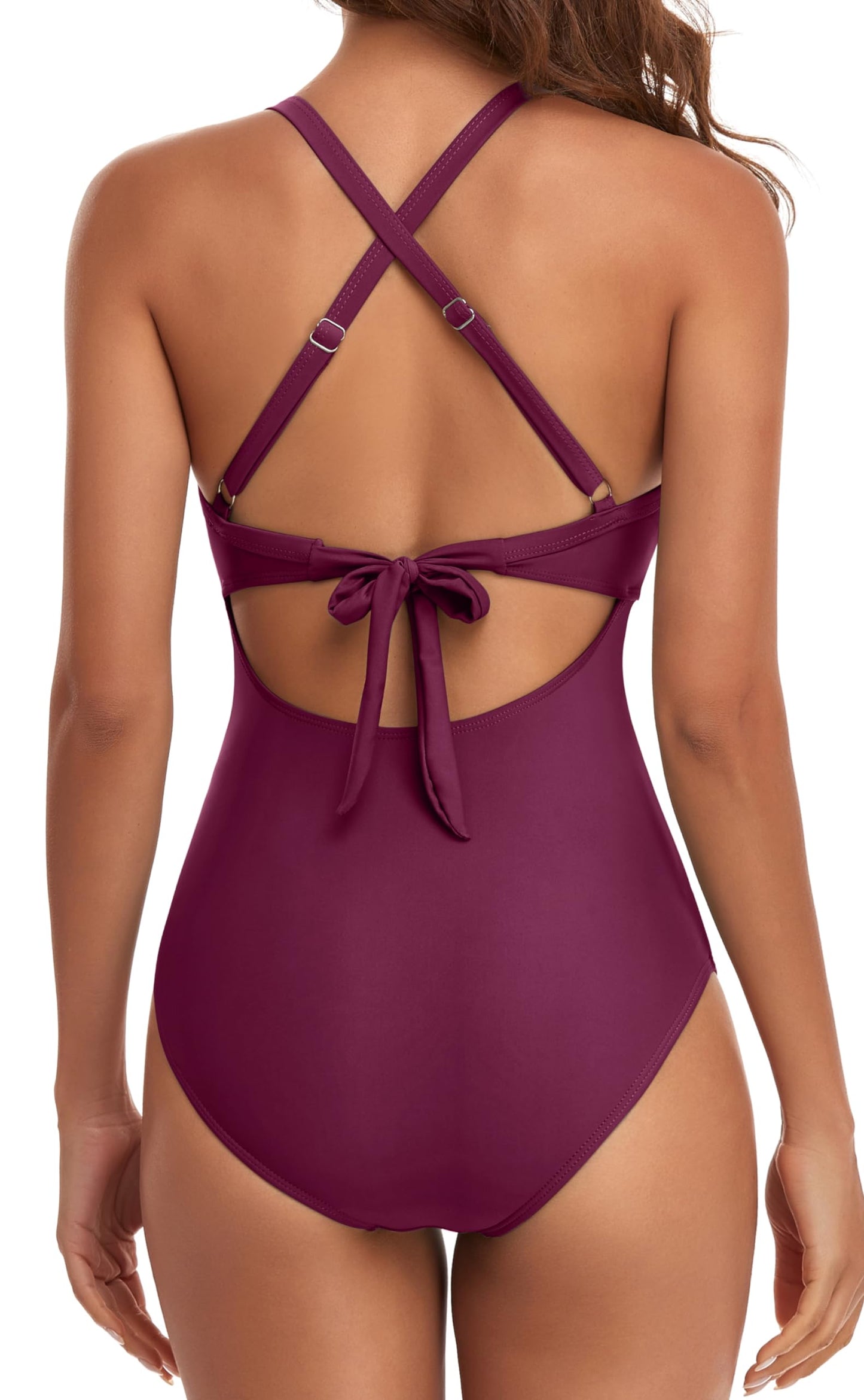 Eomenie Women's One Piece Swimsuits Tummy Control Cutout High Waisted Bathing Suit Wrap Tie Back 1 Piece Swimsuit Purple