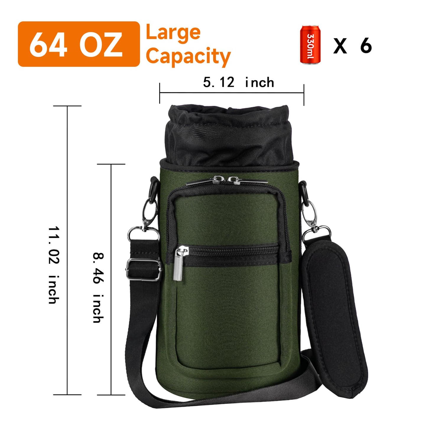 AceTreker 64 oz /87 oz/128 oz Neoprene Water Bottle Carrier for Half/One Gallon Insulated Metal Thermo Water Bottles, Sleeve Bag for Outdoor Camping, Hiking, Fishing-Green