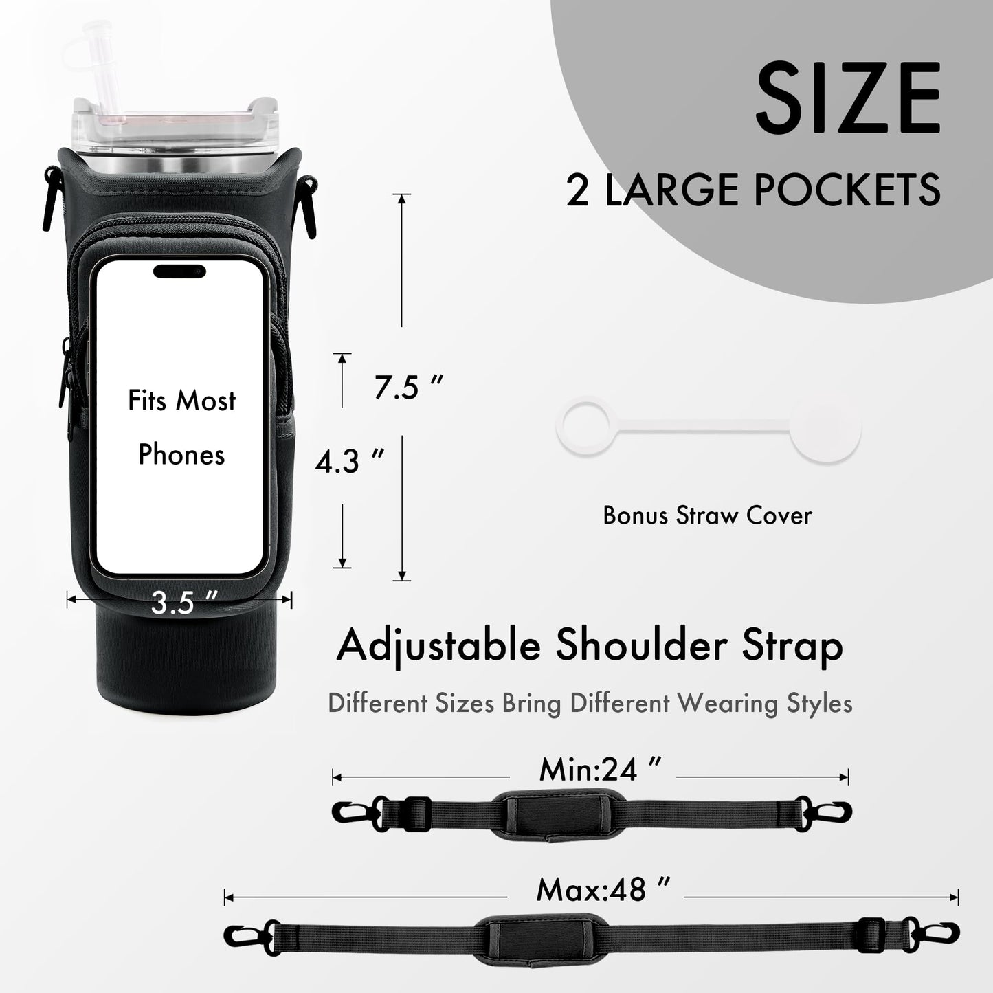 JEBEALUO Water Bottle Carrier Bag with Phone Pocket for Stanley Cup 40/30 oz, Water Bottle Holder with Adjustable Strap& Straw Cover, Stanley Cup Accessories (Black)