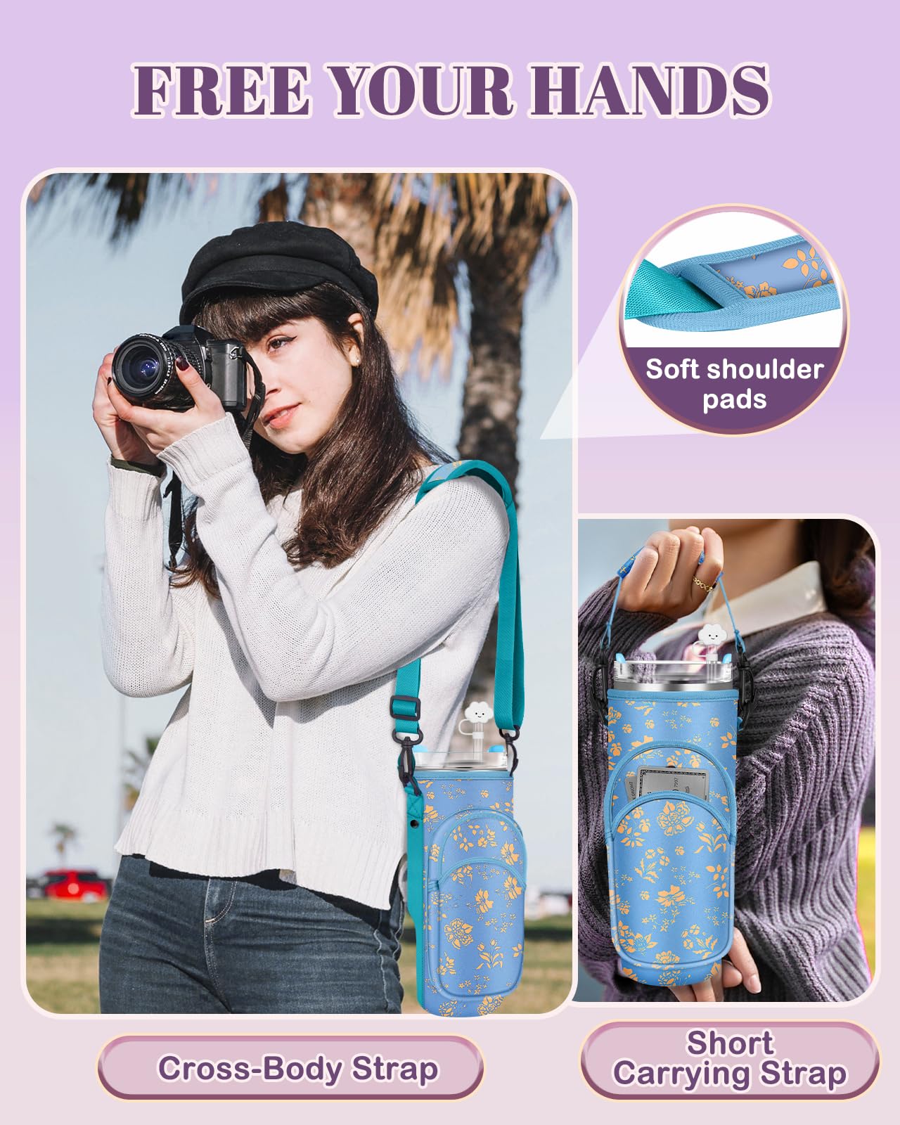 Toykee Water Bottle Holder Carrier Bag for Stanley 40 OZ Tumbler with Strap Phone Pocket, Blue Wrap Around Drink Cup Purse Pouch with Straw Cover Cleaner Brush Accessories Flower Print