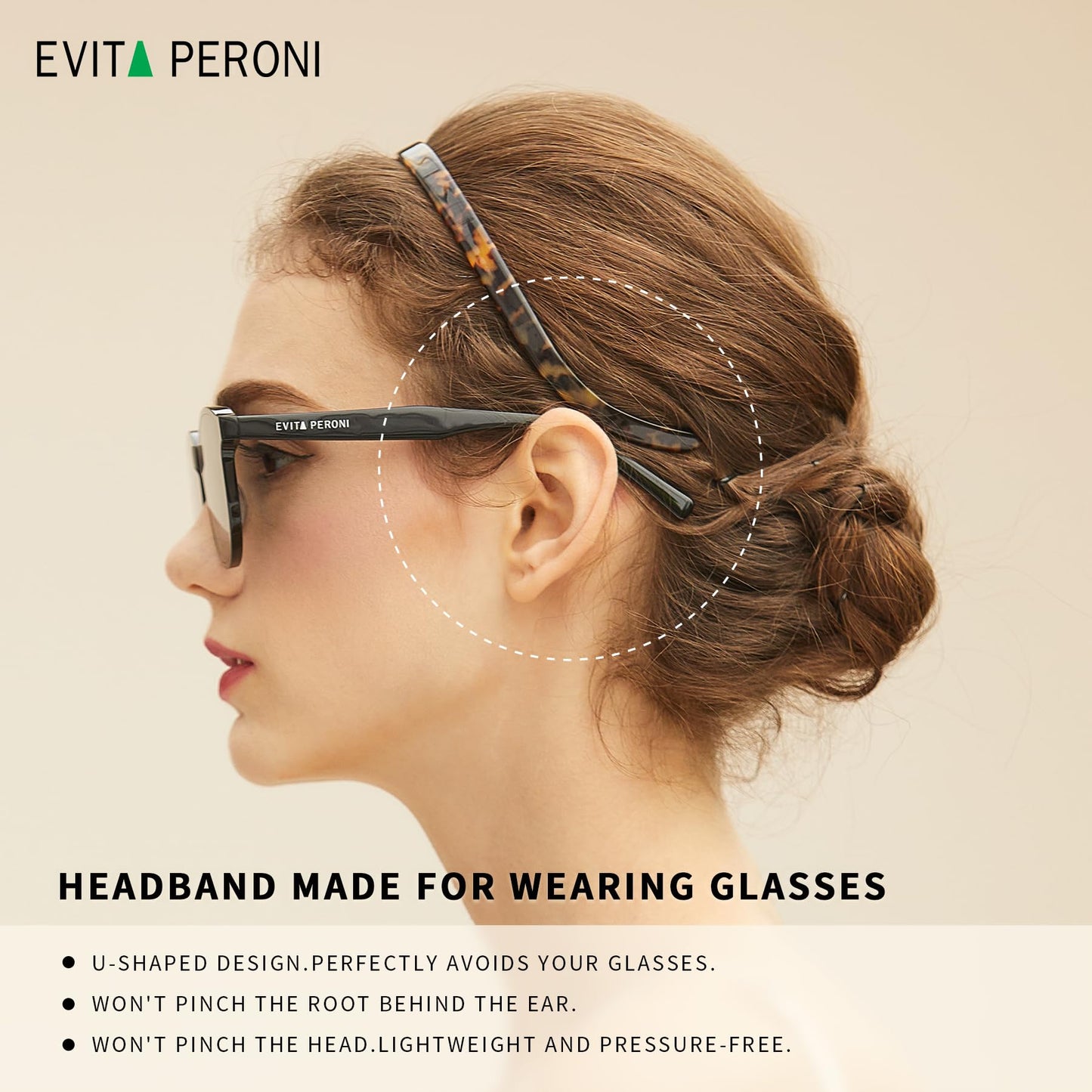 EVITA PERONI Hair Band for Eyewear, No Pressure, Non Slip Fashion Thin Headbands for Women - Tortoise - Hairband for Women's Hair