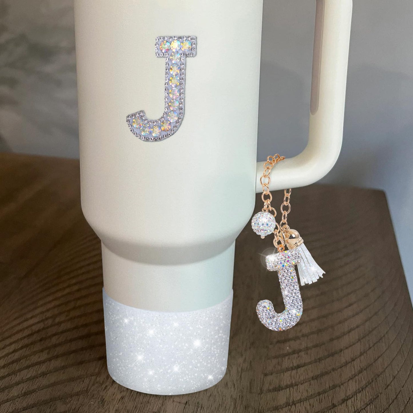 Letter Charms for Stanley Cup Handle,Silicone Boot Accessories Charms for Stanley Cup 40oz 30oz,Crown Straw Cover Topper & Diamond Sticker(J)