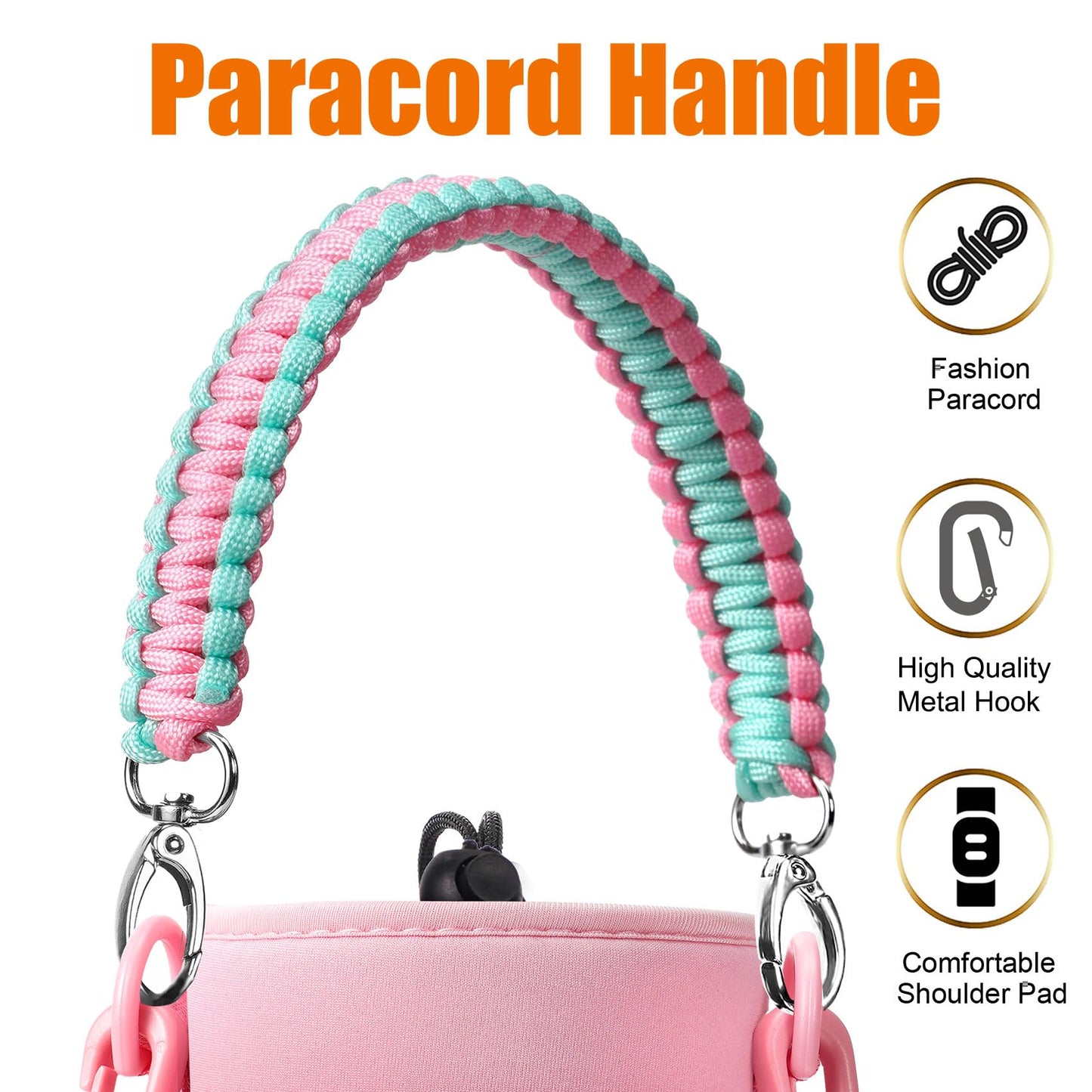 AceTreker 32 oz 40 oz Water Bottle Carrier with Strap, Sport Water Bottle Sleeve with Pocket & Paracord Handle, Insulated Flask Water Bottle Sling Bag for Walking, Hiking-Pink