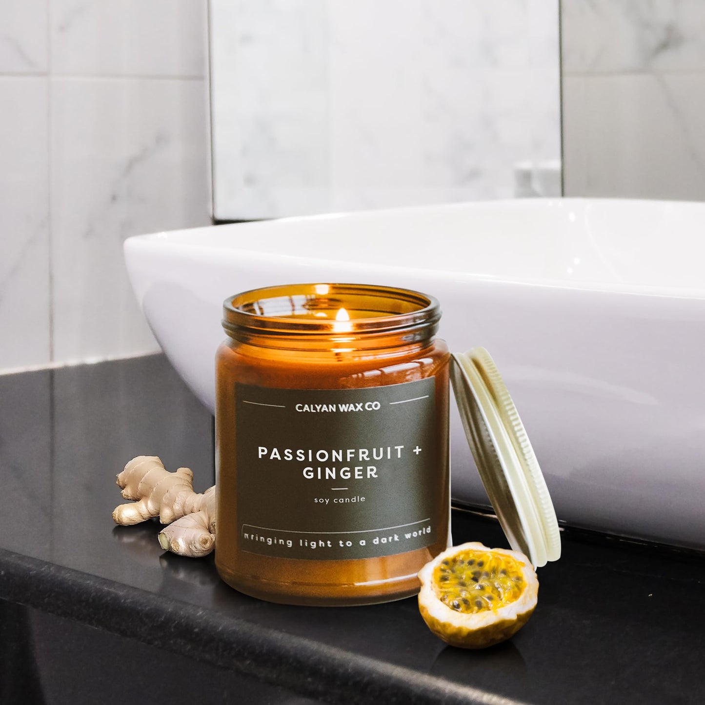 Calyan Wax Co. Soy Wax Candle, Passionfruit + Ginger Scented Candle, 57 Hour Burn Time, Aromatherapy Soy Candles, Non Toxic & Vegan Soy Wax, Amber Glass Jar Scented Candles, 7.2oz