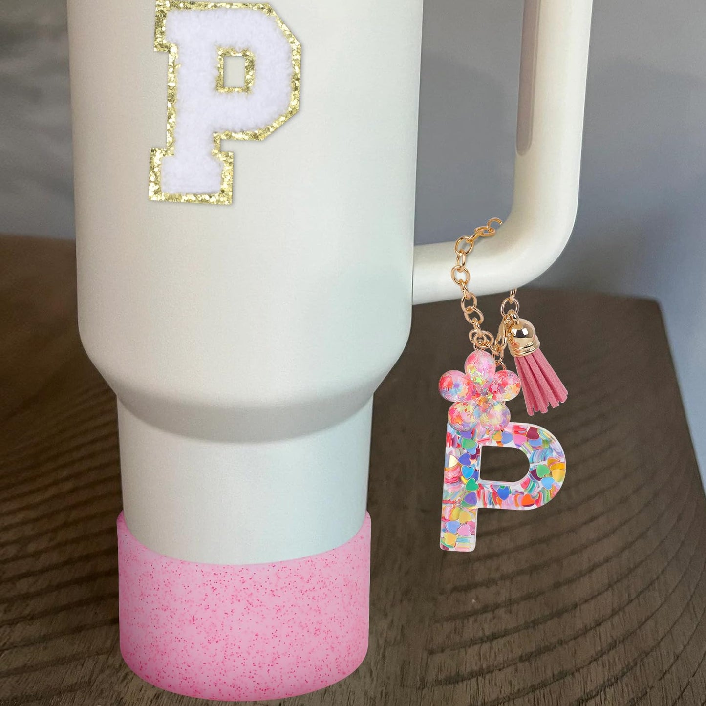 LA KEN DU Use for Stanley Cup Accessories Charms 40oz 30oz,Compatible with Stanley Cup Letter Charms for Handle Silicone Boot,Straw Cover Topper & Sticker(P)