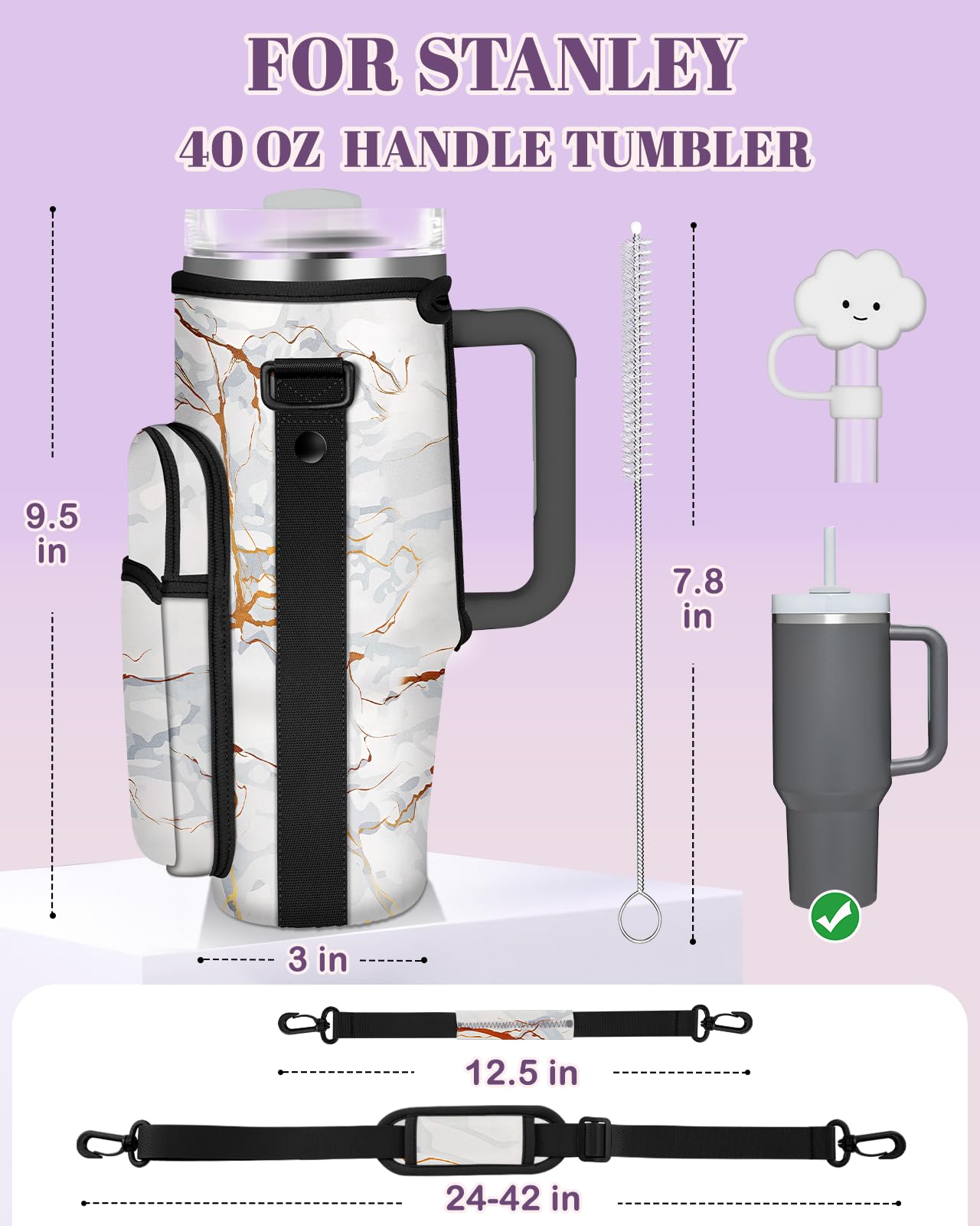 Toykee Water Bottle Holder Carrier Bag for Stanley 40 OZ Tumbler with Strap Phone Pocket, White Wrap Around Drink Cup Purse Pouch with Straw Cover Cleaner Brush Accessories Marble Print