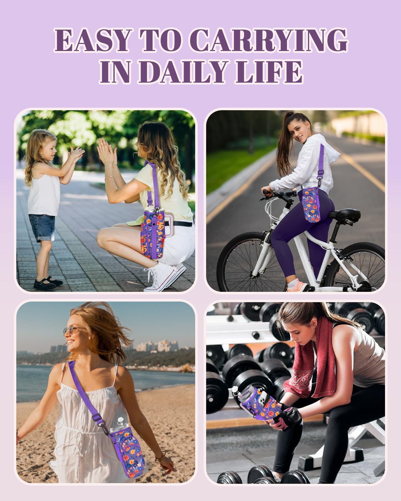 Toykee Water Bottle Holder Carrier Bag for Stanley 40 OZ Tumbler with Strap Phone Pocket, Purple Wrap Around Drink Cup Purse Pouch with Straw Cover Cleaner Brush Accessories Flower Print