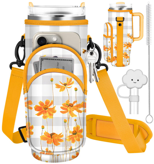 Toykee Water Bottle Holder Carrier Bag for Stanley 40 OZ Tumbler with Strap Phone Pocket, Wrap Around Drink Cup Purse Pouch with Straw Cover Cleaner Brush Accessories Yellow Flower