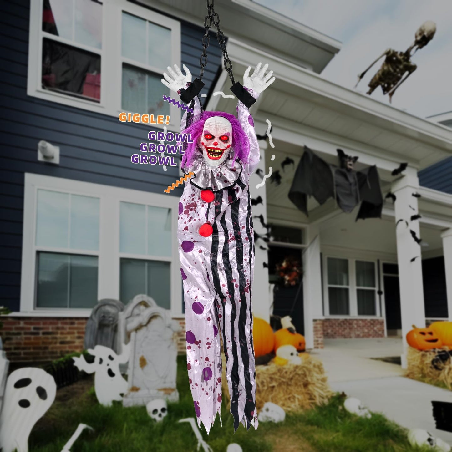 Kendane Halloween Decorations Outdoor and Indoor,Scary Halloween Animatronics Clown,Hanging Clown with Light-Up Eyes and Creepy Sound,Party Decorations for Yard Lawn,Haunted House Decor