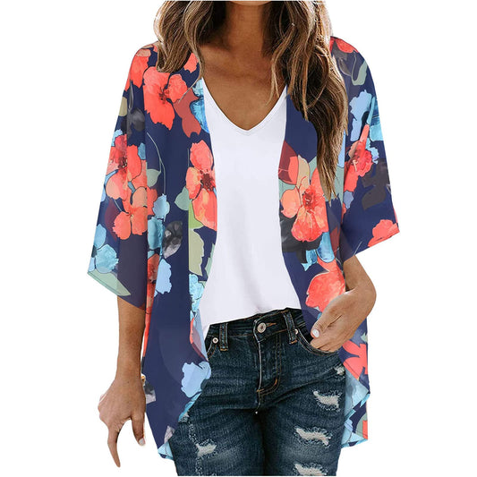 Floral Kimono,Women's Floral Print Puff Sleeve Kimono Cardigan Loose Cover up Casual Blouse Tops Labor Day Sale
