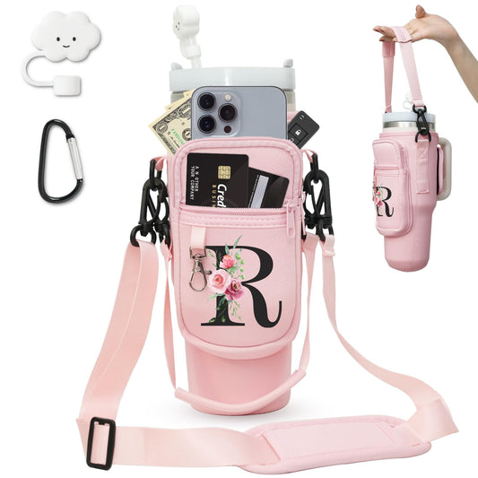 Sunegg Initial Water Bottle Carrier Bag for Stanley 40 oz Tumbler with Handle, Water Bottle Holder Pouch with Phone Pocket, Straw Cover & Carabiner, Nice Accessories for Stanley Cup(Pink R)