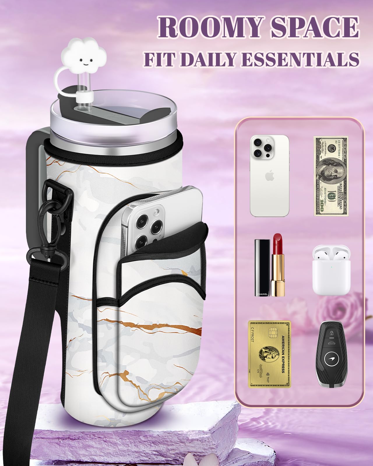Toykee Water Bottle Holder Carrier Bag for Stanley 40 OZ Tumbler with Strap Phone Pocket, White Wrap Around Drink Cup Purse Pouch with Straw Cover Cleaner Brush Accessories Marble Print