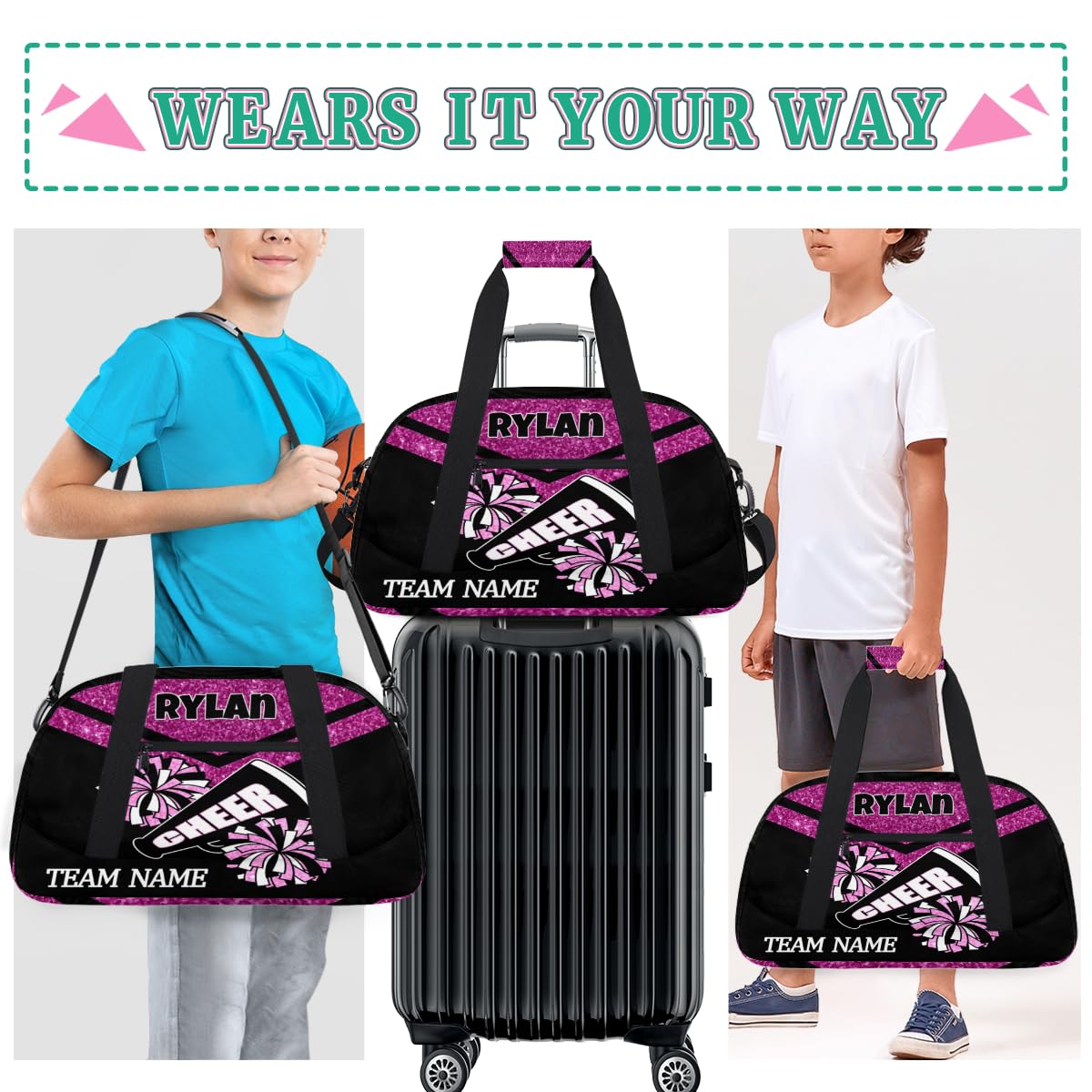 Voloreju Personalized Name Glitter Cheer Bags for Girls Boy Customize Travel Duffle Bag Foldable Sports Bag Kids Gym Bag