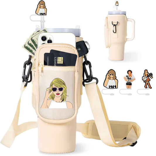 ledytdggu Water Bottle Carrier Bag with Phone Pocket for Stanley 30 oz Tumbler Neoprene Water Bottle Holder Pouch with Adjustable Strap Bollus with Straw Cover & Carabiner for Stanley Cup Accessories