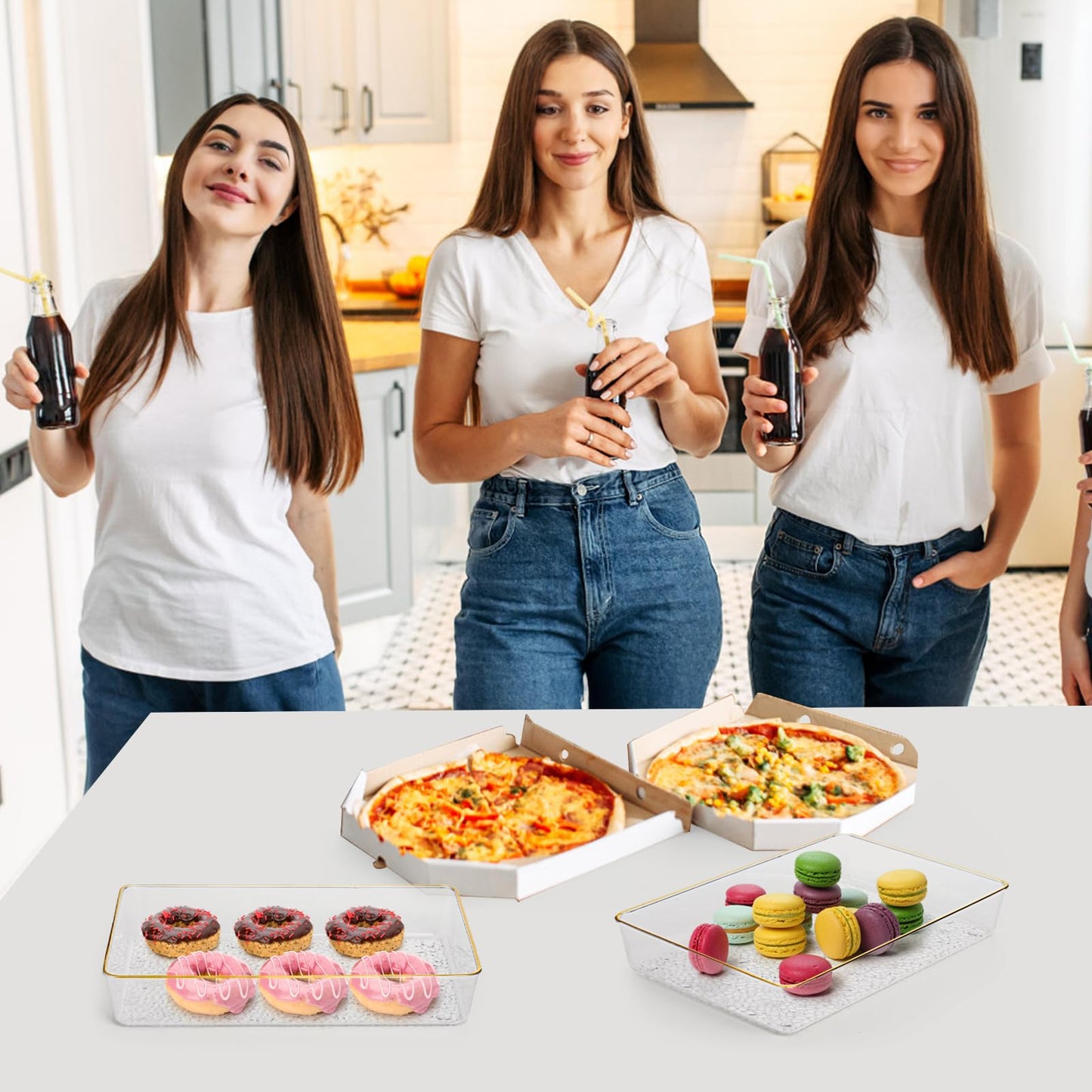 Cididu 4 Pack Clear Serving Trays, Deep Serving Platters Rectangle 12'' x 8'', Decorative Tray with Gold Rim, Reusable Plastic Tray Organizer for Coffee Table Pantry Party Food Display Spill Proof