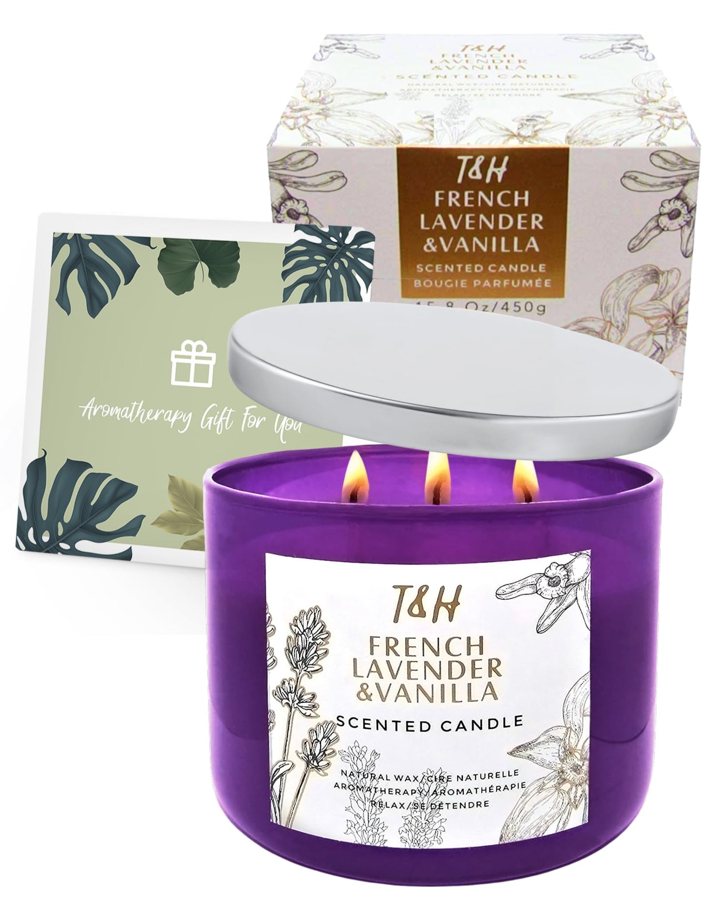 Lavender Vanilla Aromatherapy Candle 3 Wick | Scented Candles for Home | 15.8 oz Large Soy Candle | Relaxing Candles with Long Lasting Fragrance | Decorative Candle Gift for Women