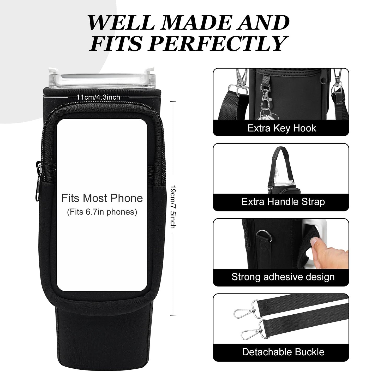 Water Bottle Holder with Strap Pouch and Handle fits for Stanley 30 oz Tumbler, Water Bottle Carrier Bag with 4.9FT Strap, Bottle Pouch for Stanley Cup Accessories