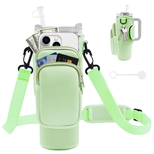 JEBEALUO Water Bottle Carrier Bag with Phone Pocket for Stanley Cup 40/30 oz, Water Bottle Holder with Adjustable Strap& Straw Cover, Stanley Cup Accessories (Mint Green)