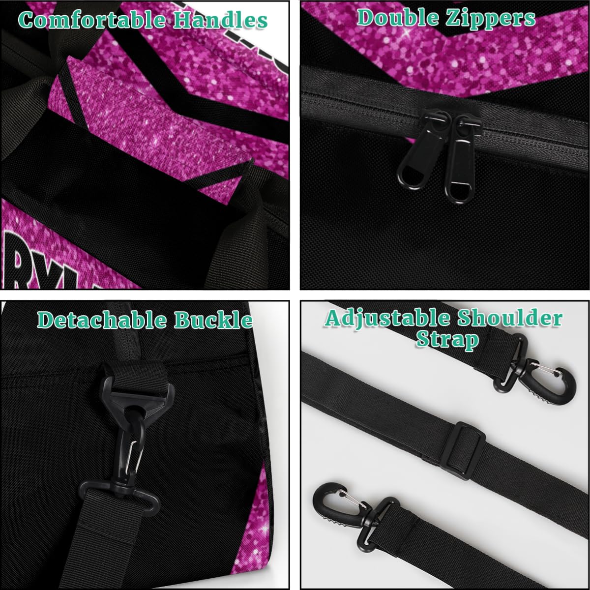 Voloreju Personalized Name Glitter Cheer Bags for Girls Boy Customize Travel Duffle Bag Foldable Sports Bag Kids Gym Bag