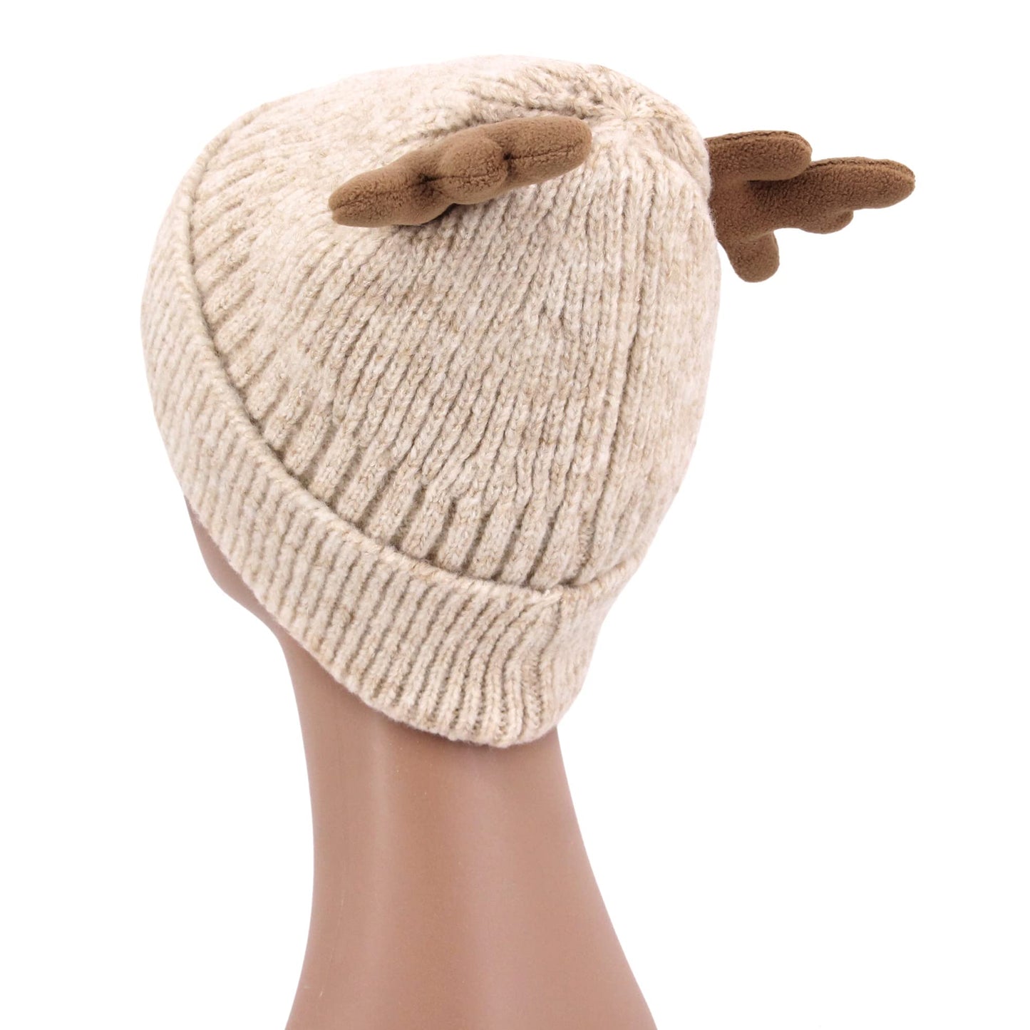 Haoohu Warm Cute Reindeer Antlers Knitted Hat Crochet Knit Cap Knitted Beanie for Adults Beige