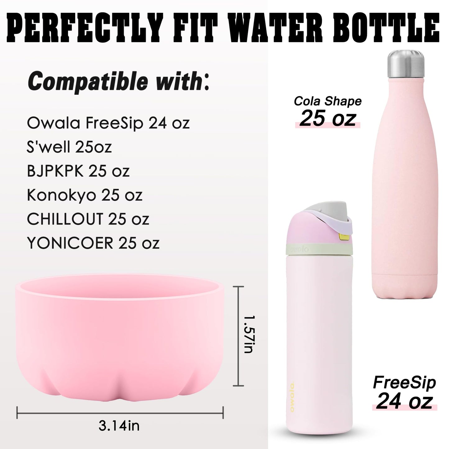 VIKIZUES Silicone Boot Compatible with Owala Water Bottle 24 oz & S'well 25 oz Water Bottle and More 25 oz Stainless Steel Water Bottles, Anti-Slip Bottom Protector Sleeve (Light Pink)