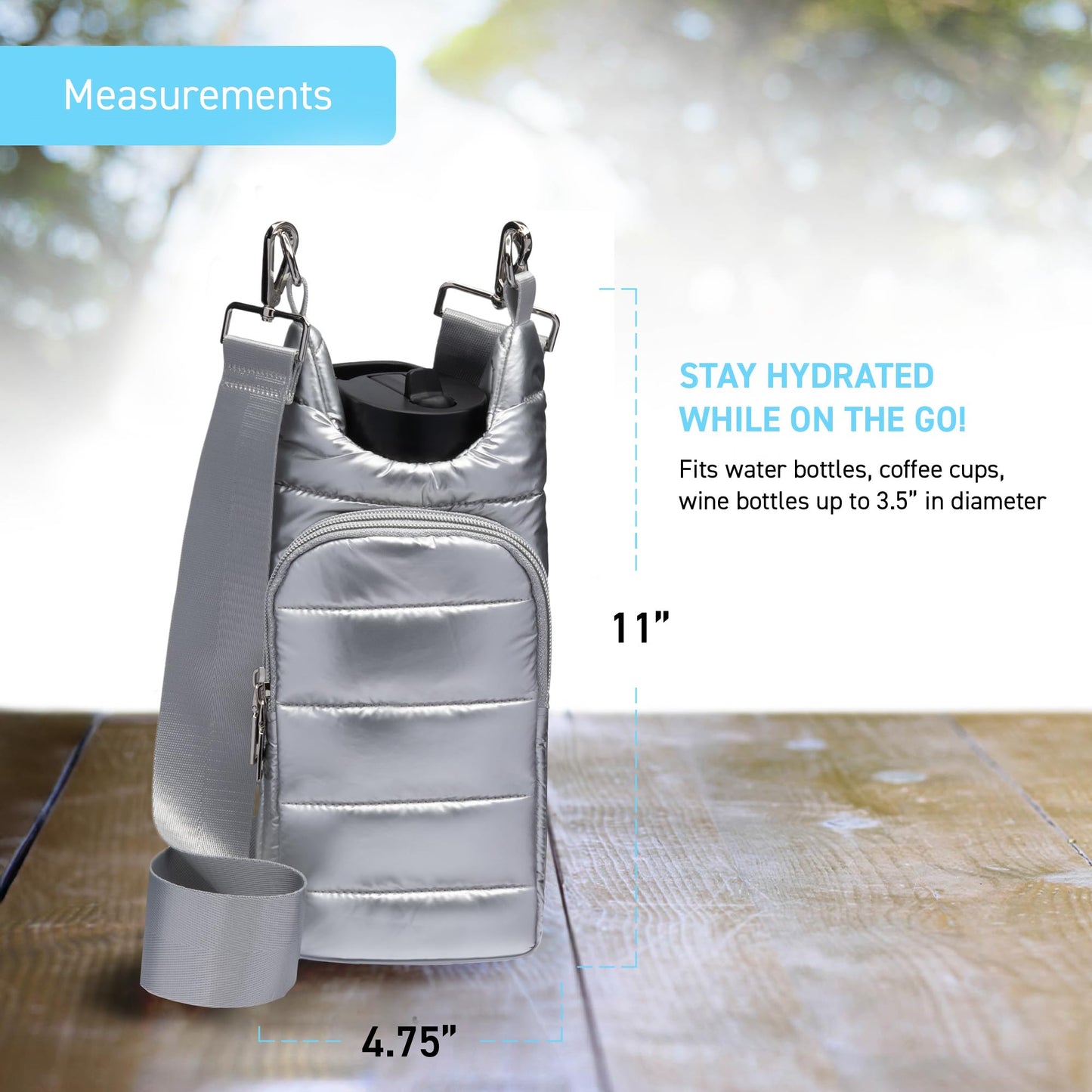 WanderFull Original Crossbody HydroBag | Quilted Water Bottle Carrier & Adjustable Strap | Puffer Tote with Two Pockets for Phone & Accessories | Carry Travel Essentials (Silver Shiny/Solid Strap)