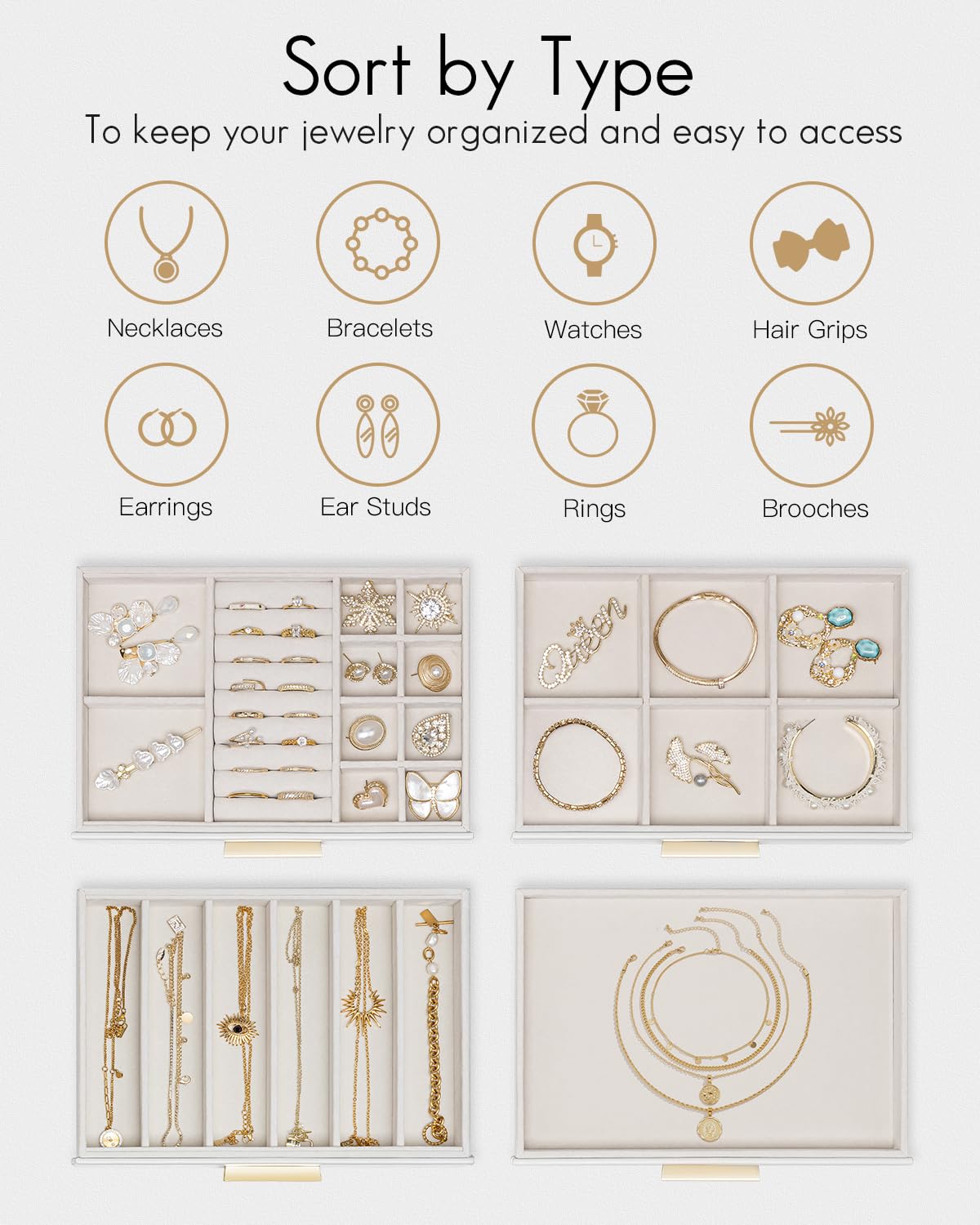 Vlando Jewelry Box for Women, Glass Lid Jewelry Organizer with 4 Drawers for Necklaces Rings Earrings Bracelets Christmas Gift - White