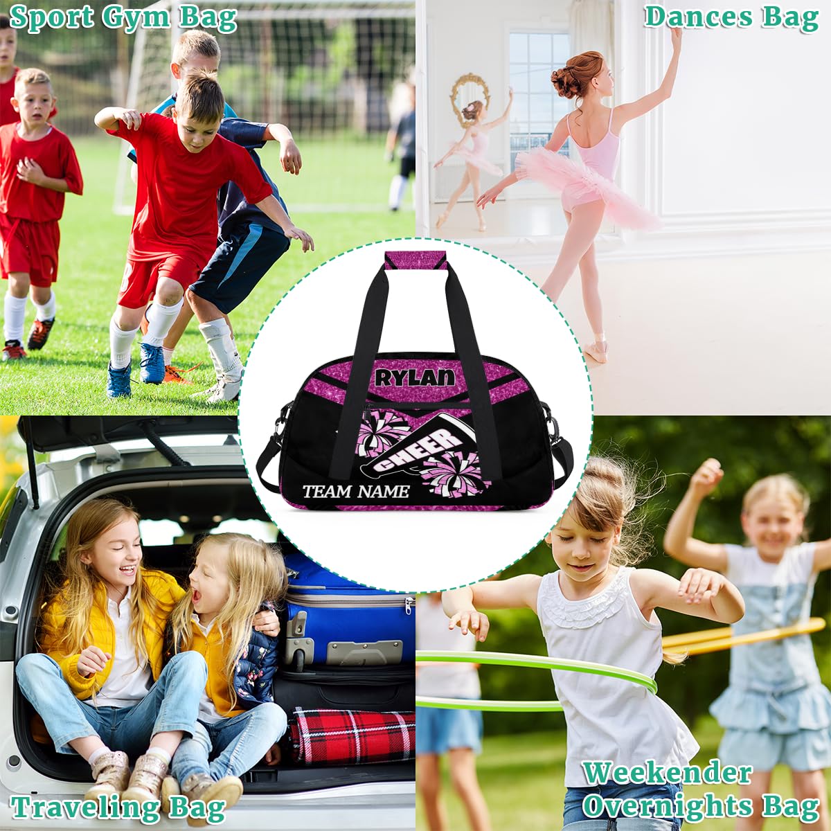 Voloreju Personalized Name Glitter Cheer Bags for Girls Boy Customize Travel Duffle Bag Foldable Sports Bag Kids Gym Bag