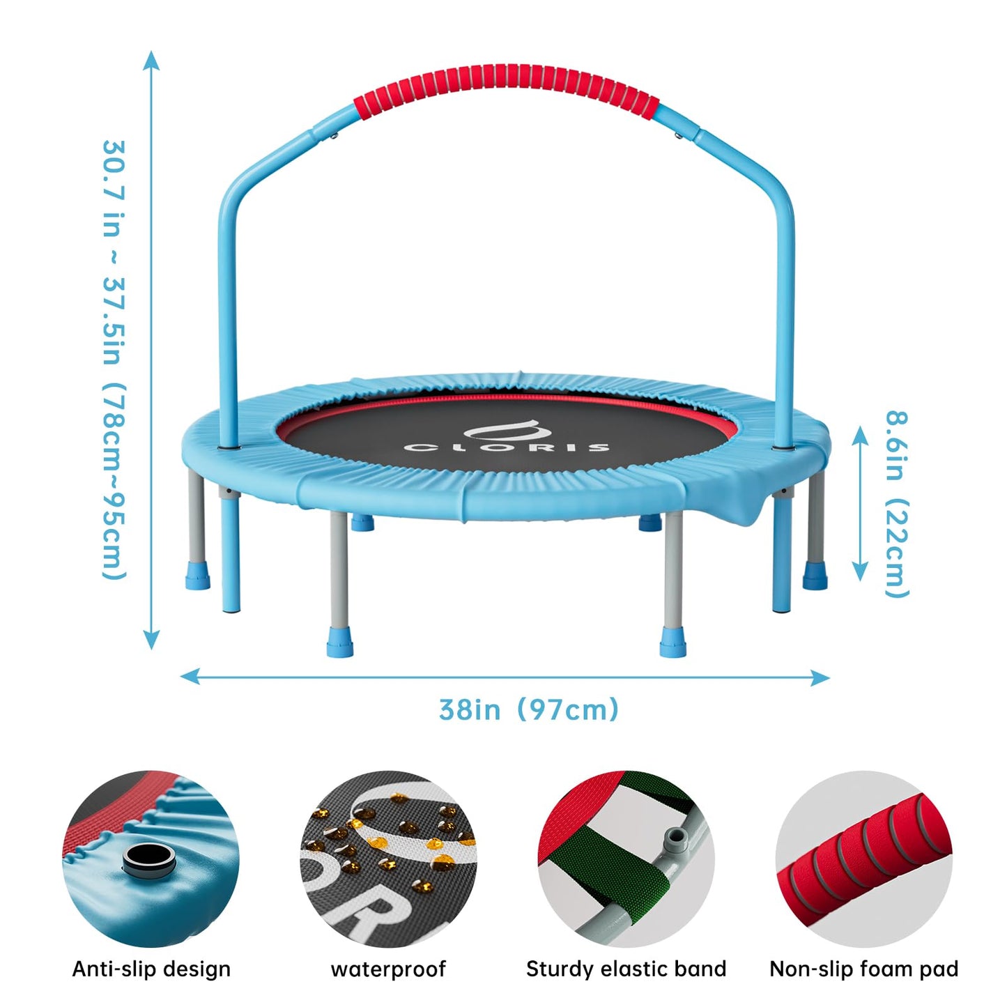 CLORIS 38in/40in/48in Folding Trampoline Mini Rebounder Fitness Trampoline with Adjustable Foam Handle for Kids/Adult, with safty Padded Cover Best Gift for Kids/Adult (Yellow)… (38in-Blue)