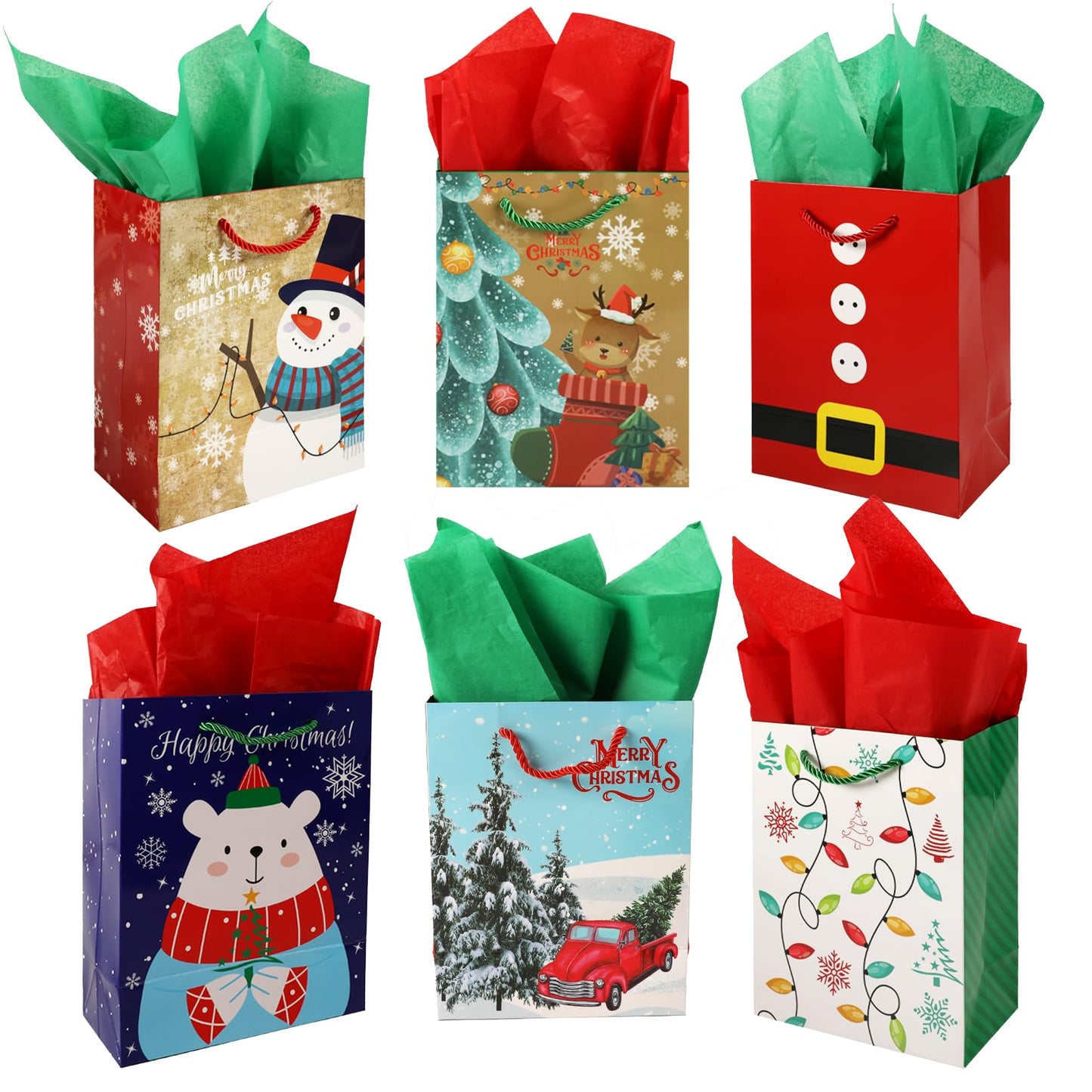 Qukou Christmas Bags for Gift with 24 Sheet Tissue Paper, 24 PCS Xmas Paper Party Gift Candy Bags for Christmas Party Favors (24)