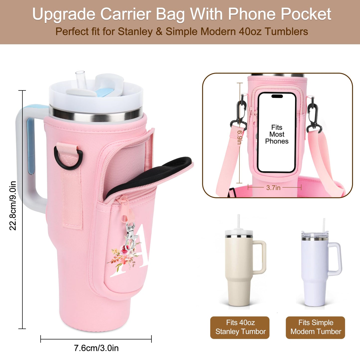 Initial Water Bottle Holder with Strap for Stanley 40 oz Tumbler/Simple Modern 40 oz Tumbler,Water Bottle Carrier Bag with Strap,Personalized A-Z Phone Pocket for Stanley Cup Accessories