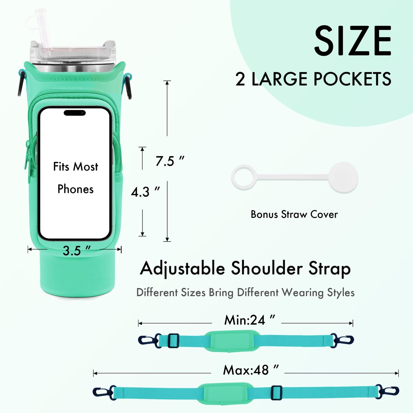 JEBEALUO Water Bottle Carrier Bag with Phone Pocket for Stanley Cup 40/30 oz, Water Bottle Holder with Adjustable Strap& Straw Cover, Stanley Cup Accessories (Green)