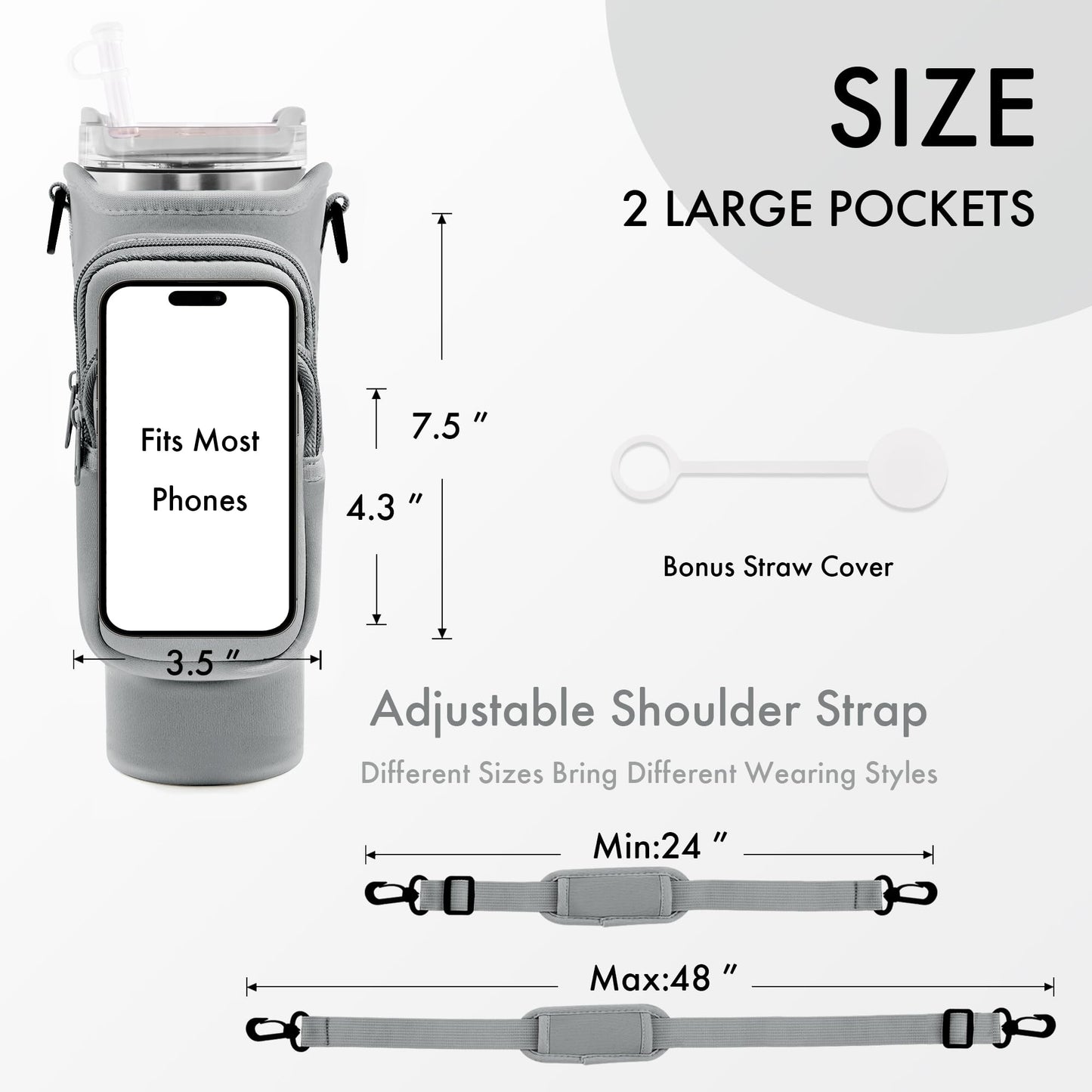 JEBEALUO Water Bottle Carrier Bag with Phone Pocket for Stanley Cup 40/30 oz, Water Bottle Holder with Adjustable Strap& Straw Cover, Stanley Cup Accessories (Grey)