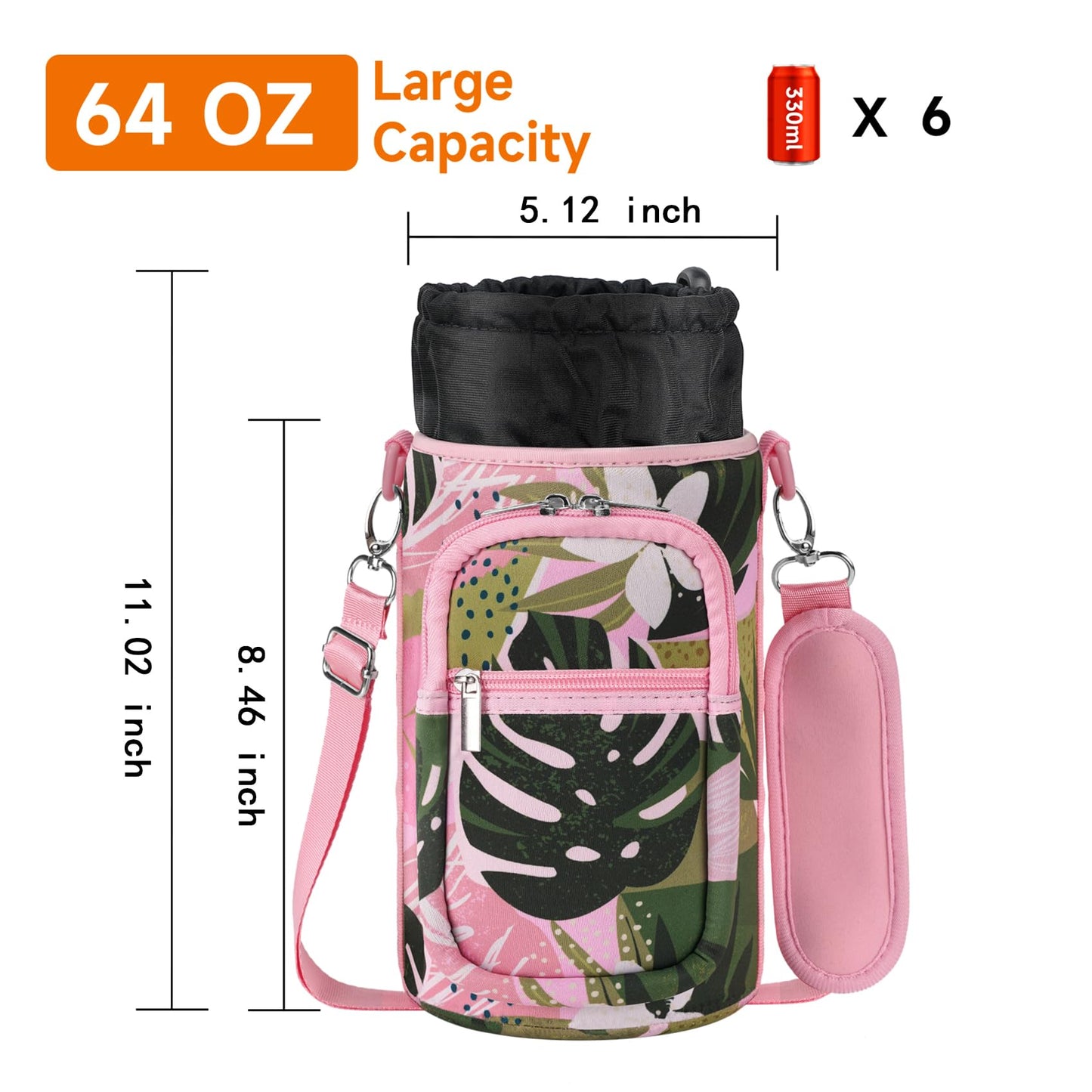 AceTreker Neoprene 64 oz Water Bottle Sleeve with 2 Pockets, Detachable Paracord Handle, Half Gallon Water Jug Bottles Pouch Holder with Adjustable Shoulder Strap for Walking, Hiking, Gym-Hawaii