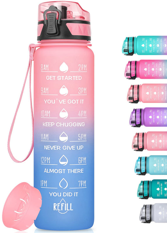 MEITAGIE 32oz/26oz Motivational Water Bottle with Time Marker & Fruit Strainer, Leak-proof BPA Free Non-Toxic 1l Bottle with Carrying Strap, Perfect for Fitness, Gym and Outdoor Sports, Plastic