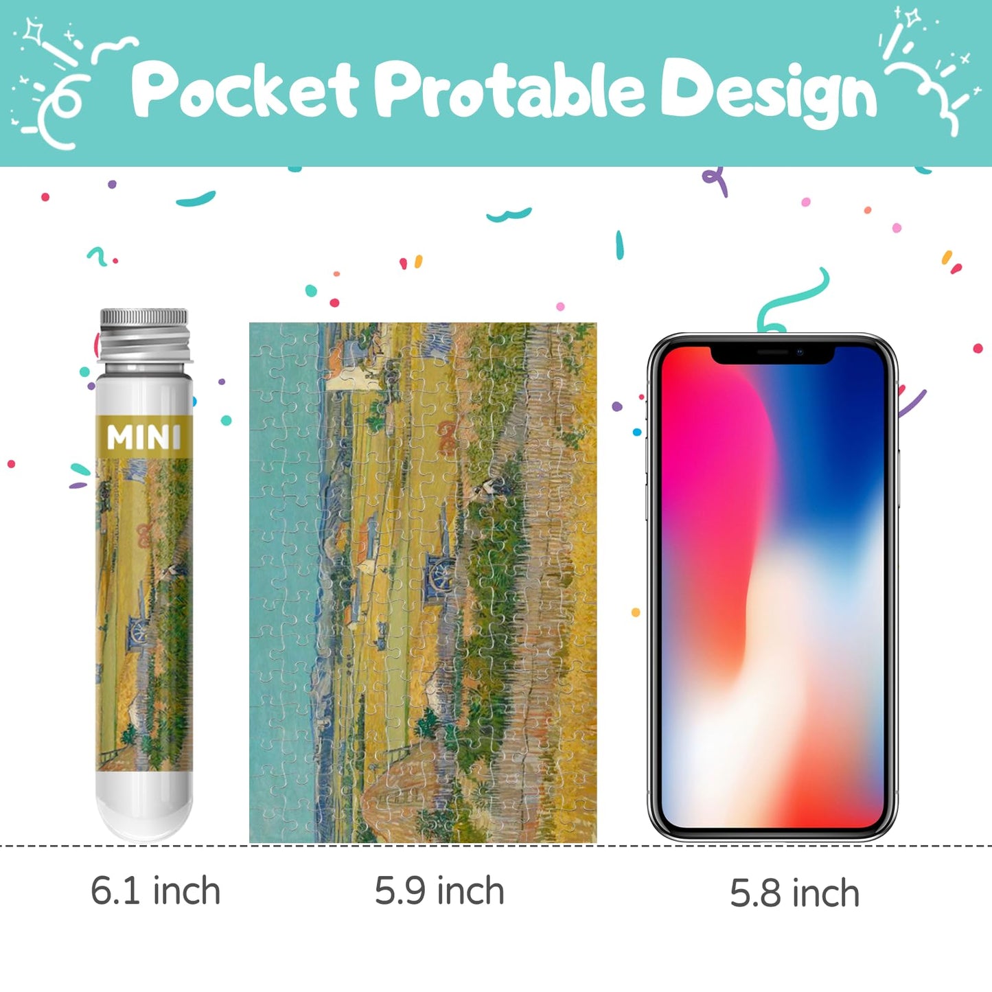 150 Pieces Mini Jigsaw Puzzles for Adults & Kids, 6" x 4" Small Jigsaw Puzzles Capsule Tube Jigsaw Puzzles Intelligent Game, Wheat Field with Cypresses Irises The Harvest (Wheatfields) 3 Pack