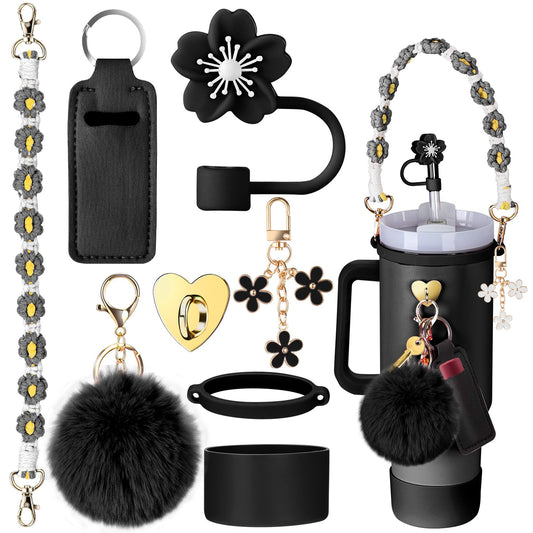 Mity rain 8PCS Cup Accessories for Stanley Cup 30oz 40oz Tumbler with Handle, Including Water Bottle Handle Strap, Chapstick Holder, Boot, Keychain Charms, Straw Topper Cover Cap for Stanley (Black)