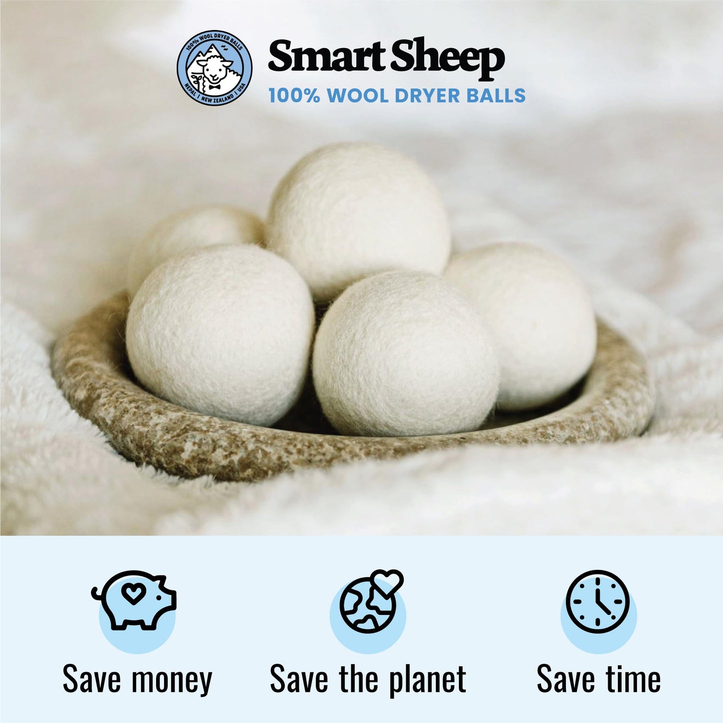 Smart Sheep Wool Dryer Balls - 6-Pack - XL Premium Natural Fabric Softener Award-Winning - Wool Balls Replaces Dryer Sheets - Wool Balls for Dryer - Laundry Balls for Dryer