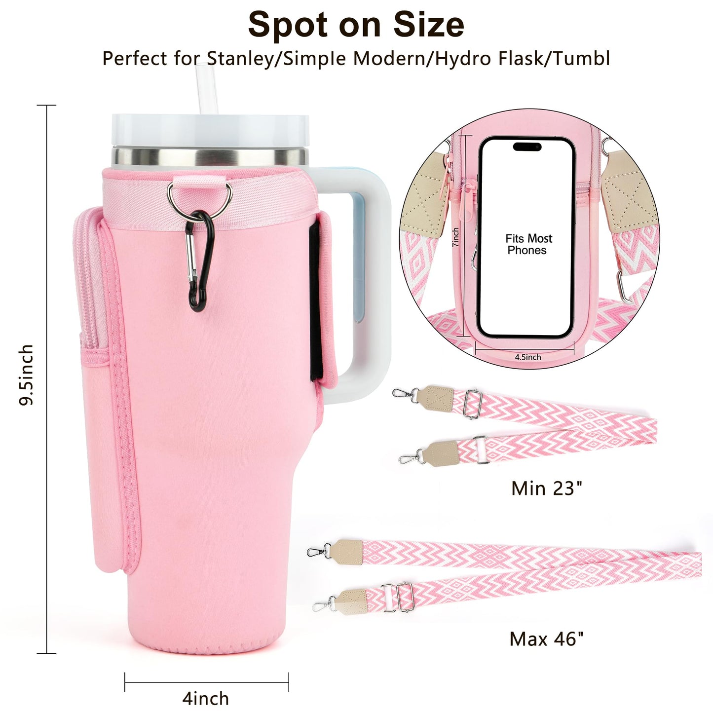 LOKASS Initial Water Bottle Holder with Upgrade Canvas Strap for Stanley 30 oz Tumbler, Gift for Mom Mother's Day Day gifts with Phone Pocket, Personalized Accessories for Stanley Cup, Pink - S