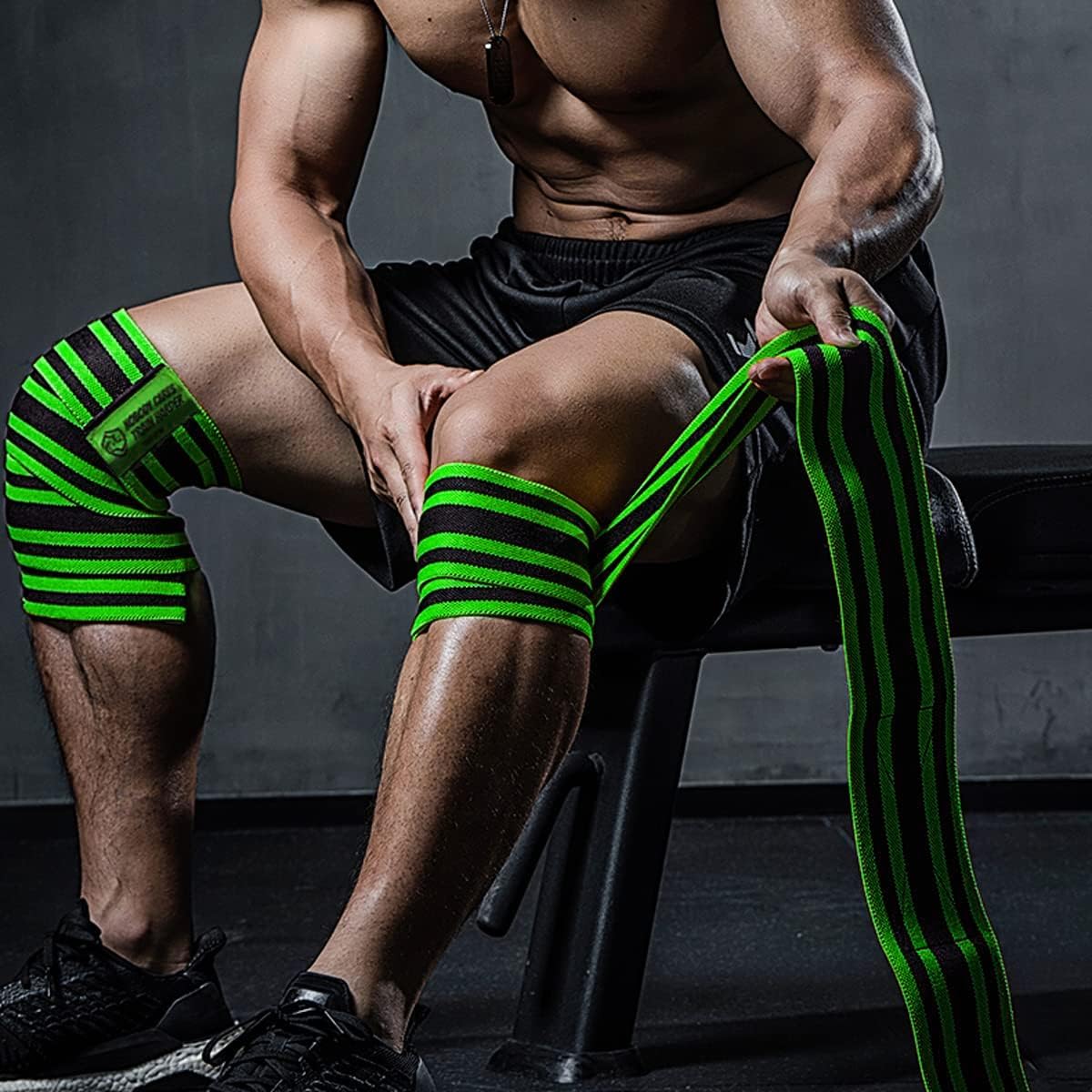 TAVIEW Elbow Wraps for Weightlifting (1 Pair), 47" Elastic Elbow Support & Compression Powerlifting, Fitness, Cross Training & Gym Workout, Elbow Straps Weight Lifting (72" knee wraps (Green&Black))