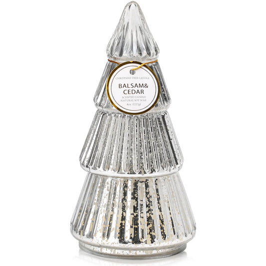 Tree Shaped Scented Candle Gift, Balsam Cedar Scented Candle, Holiday Winter White Silver Mercury Glass Tree Candle, 8oz