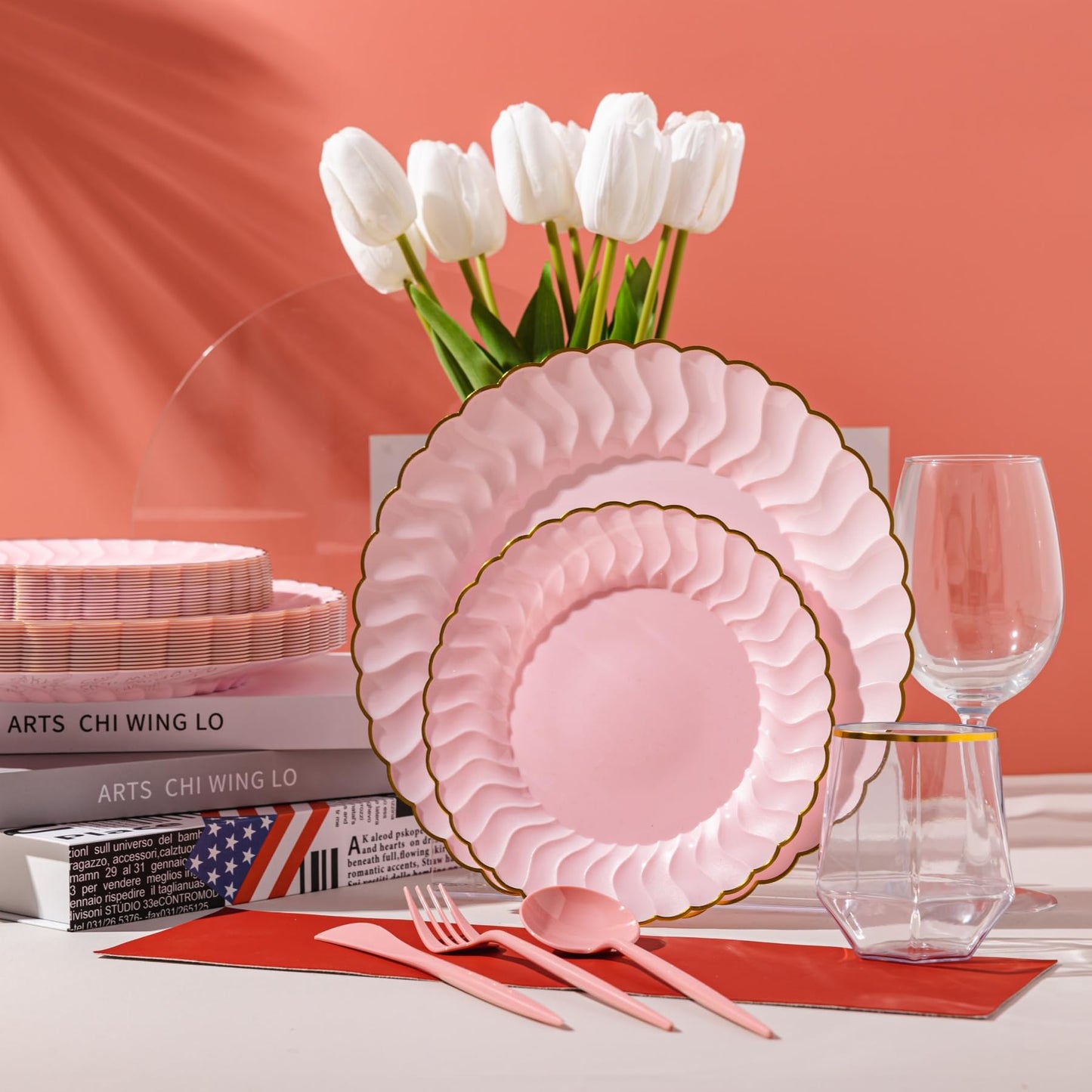 Lullaby 60PCS Pink Scalloped Plastic Plates with Gold Rim, Disposable Elegant Plates Include 30pcs Dinner Plate 10.25", 30pcs Dessert Plate 7.5", Perfect for Daily Use, Wedding and Party