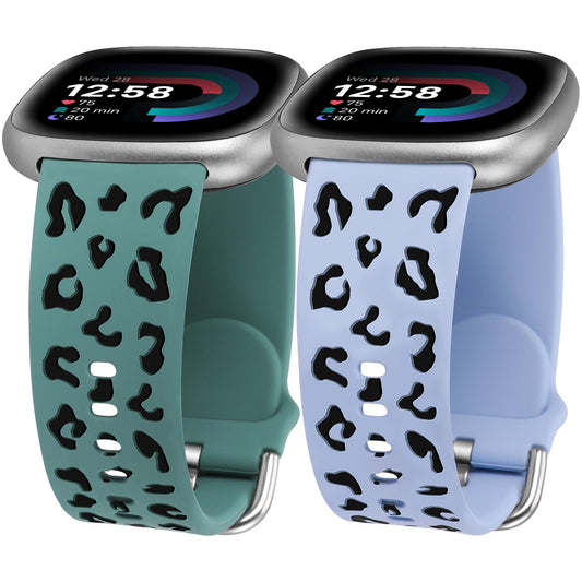 Minyee 2 Packs Leopard Engraved Band Compatible with Fitbit Versa 4/Versa 3/Sense 2/Sense Band Women, Two-Tone Cheetah Soft Silicone Sport Designer Cute Summer Replacement Wristband Strap for Versa 3