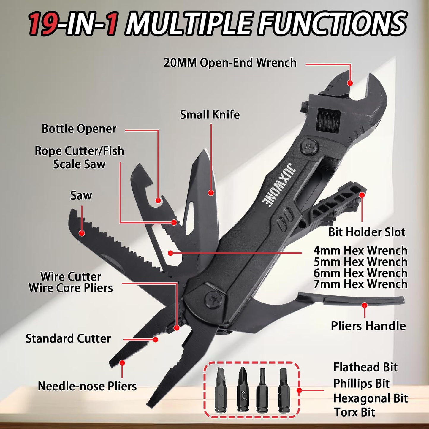 JUXWONE 19-in-1 Multitool Wrench – Stainless Steel Adjustable Wrench with Pliers, Knife, Wire Cutter, Saw, Screwdrivers – Compact EDC Pocket Tool for Camping, DIY Repairs, Gift for Men
