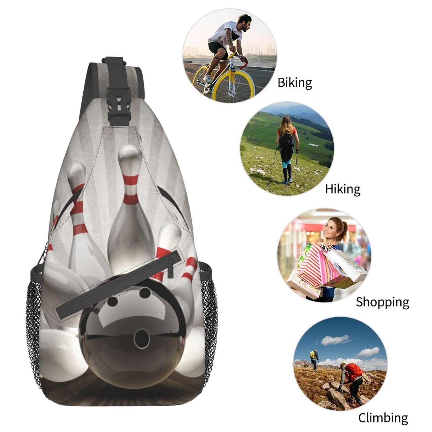 NISENASU Ball Print Sling Bag Crossbody Backpack,Sports Theme Bowling Ball Knocked Down Bowling Pins Ball Team Popular Art Chest Bag Adjustable Casual Shoulder Bag Travel Hiking Daypack