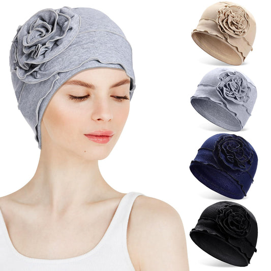 JenPen 4 Pcs Cotton Beanie Turban Headwear for Women Soft Cancer Chemo Head Scarf Hats Elastic Covers Wraps for Women's Hair (Elegant Colors,Flower)